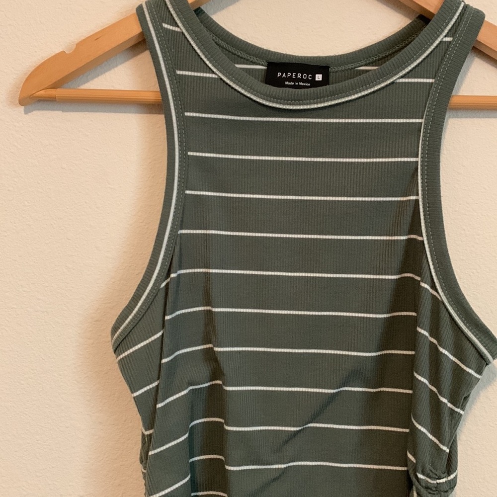 Green & White Stripe Tank Top With Rouching Details On The Side Size Large - Picture 2 of 7